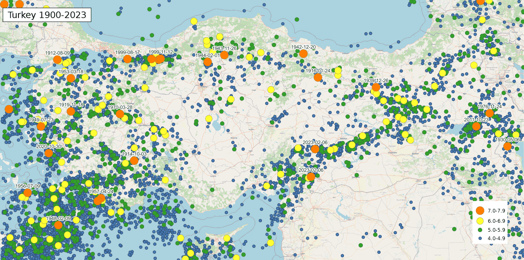 Map of earthquakes in Turkey 1900-2023 - Data source: Search result, USGS - Wikimedia