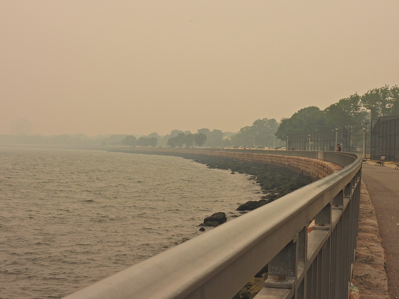 Brooklyn coastline obscured by smoke from a Canadian wildfire