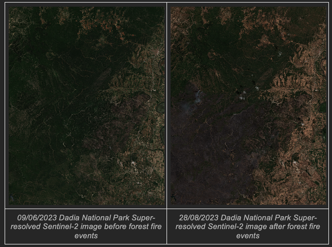 Sentinel-2 images before and after forest fire