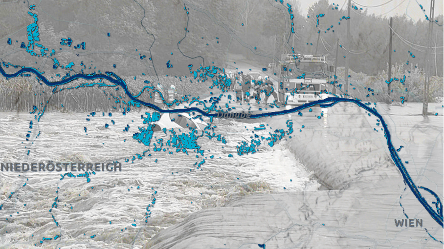 Flood extent (light blue) and permanent water bodies (dark blue) in parts of Lower Austria on 2024-09-16 (source: DLR) with flood situation in Poland in the background, source: DRK