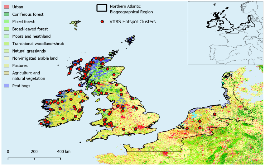 Study area of northwest Europe, encompassing the United Kingdom, Ireland, the Netherlands, Belgium, Denmark, northern France, and northwest Germany within the northern Atlantic biogeographical region above the 49th parallel. Locations of the fire hotspot clusters generated from VIIRS 375 m active fire product, derived from 326,935 hotspot detections from January 2012 through June 2022. 