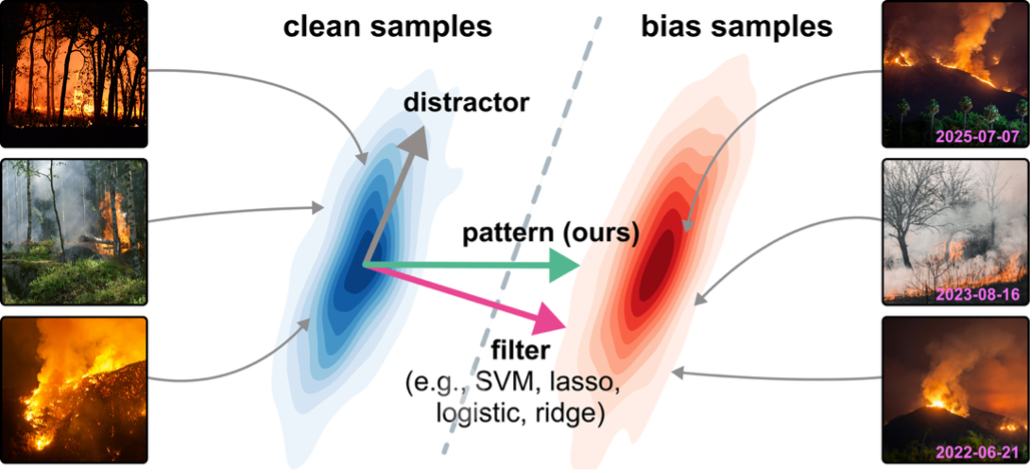 Figure 1: CAVs are used to represent concepts, such as biases (e.g., a timestamp in fire classification tasks), in the latent space of DNNs.