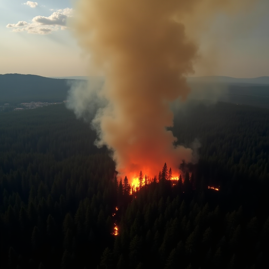 Generated Image using the prompt: “A fire in a forest with rising smoke as seen from a drone”