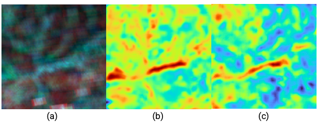 (a) Multitemporal SAR Sentinel-1 image input; (b) NBR derived from Sentinel-2 Multispectral Image; (c) NBR computed with the proposed approach