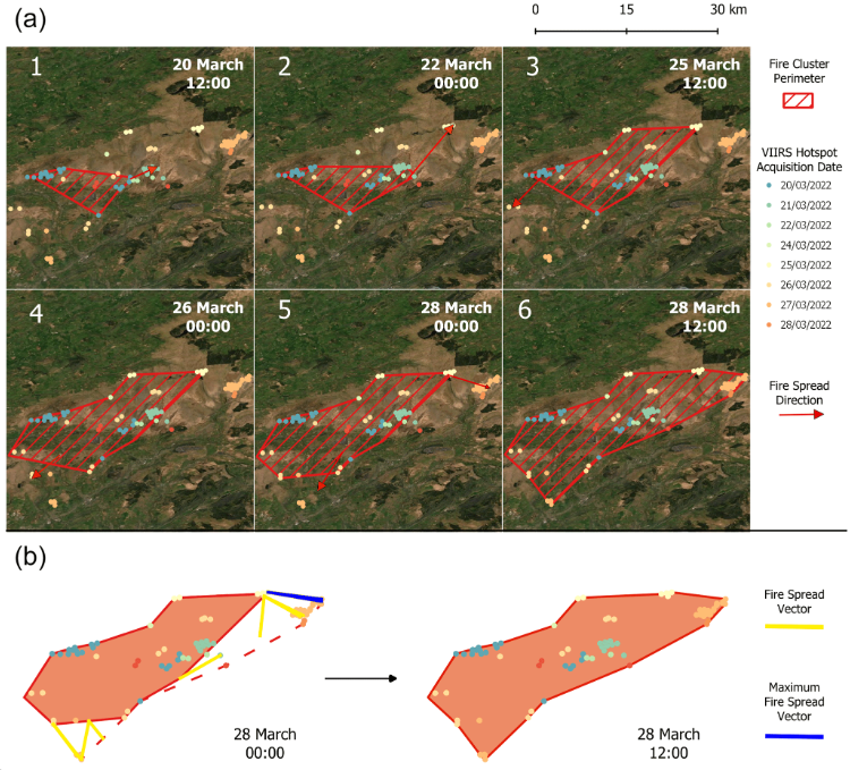 Figure 2. Multipolygons and rate of spread (ROS) vectors for the Mynydd Mawr fire in Wales (20 March 2022), representing the methodology used to delineate fire perimeters and rate of spread (ROS) vectors. (a) Schematic of the fire growth in several time steps throughout the fire duration, delineated using the VIIRS hotspots. Red arrows represent the main fire spread direction schematically. (b) Real ROS vectors (yellow lines) and perimeters generated (orange polygons) in two selected satellite overpasses. For each time step, the maximum ROS vector is selected for further analyses (blue lines), representing the ROS in the head of the fire.