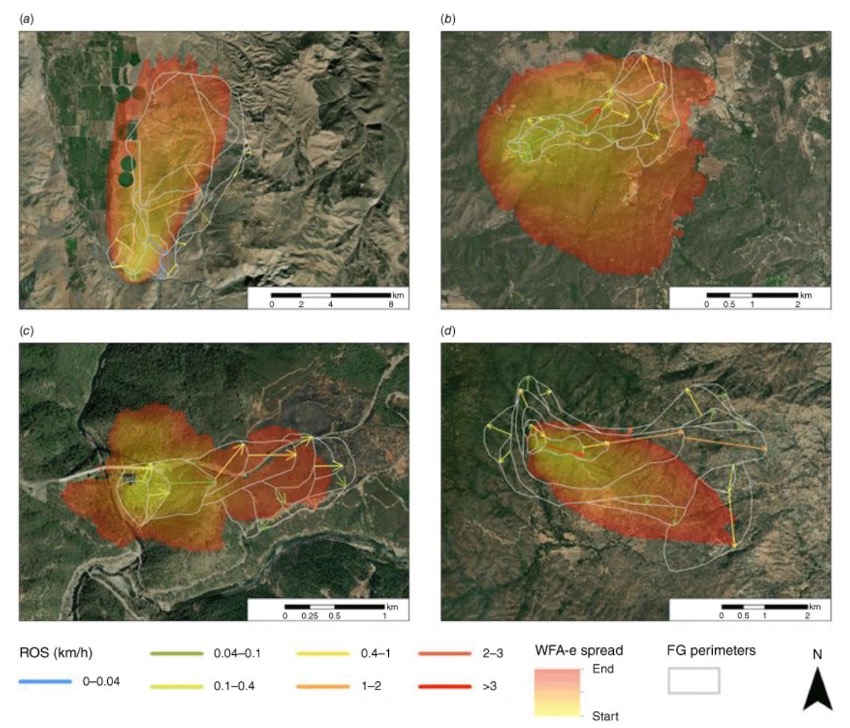 Fire progression (FireGuard data) and simulation of four wildfires through Wildfire Analyst Enterprise (WFA-e) in California: (a) Mountain View fire (lat.  38.515; lon.  −119.465;  2020/11/17); (b) Chaparral fire (lat.  33.485; lon.  −117.399; 2021/08/28); (c) Bridge fire (lat.  38.921; lon.  −121.037; 2021/09/05); (d) French fire (lat.  35.687; lon.  −118.55; 2021/08/18); note that the FG polygons and WFA-e simulated fire progression have the same time duration. 