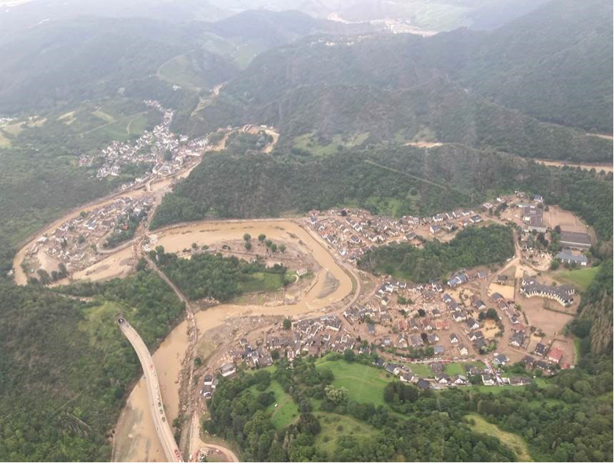 Destroyed places and roads in the Eifel (view from the helicopter on July 16, 2021)