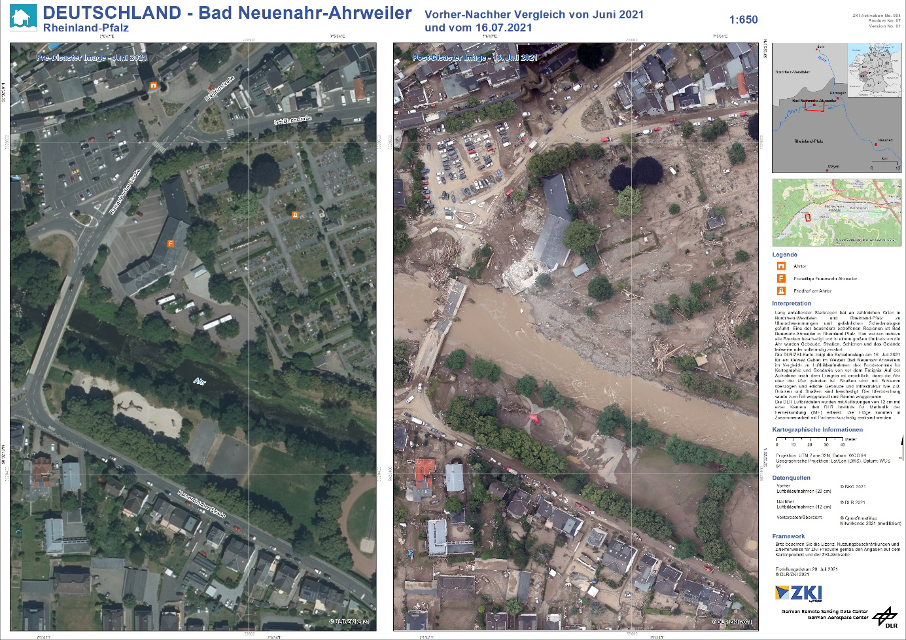 Germany , Bad Neuenahr-Ahrweiler flood, before and after comparison from July 16, 2021.