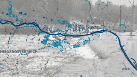 Flood extent (light blue) and permanent water bodies (dark blue) in parts of Lower Austria on 2024-09-16 (source: DLR) with flood situation in Poland in the background, source: DRK